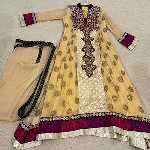 Elegant Gold and Purple Embroidered Dress Set